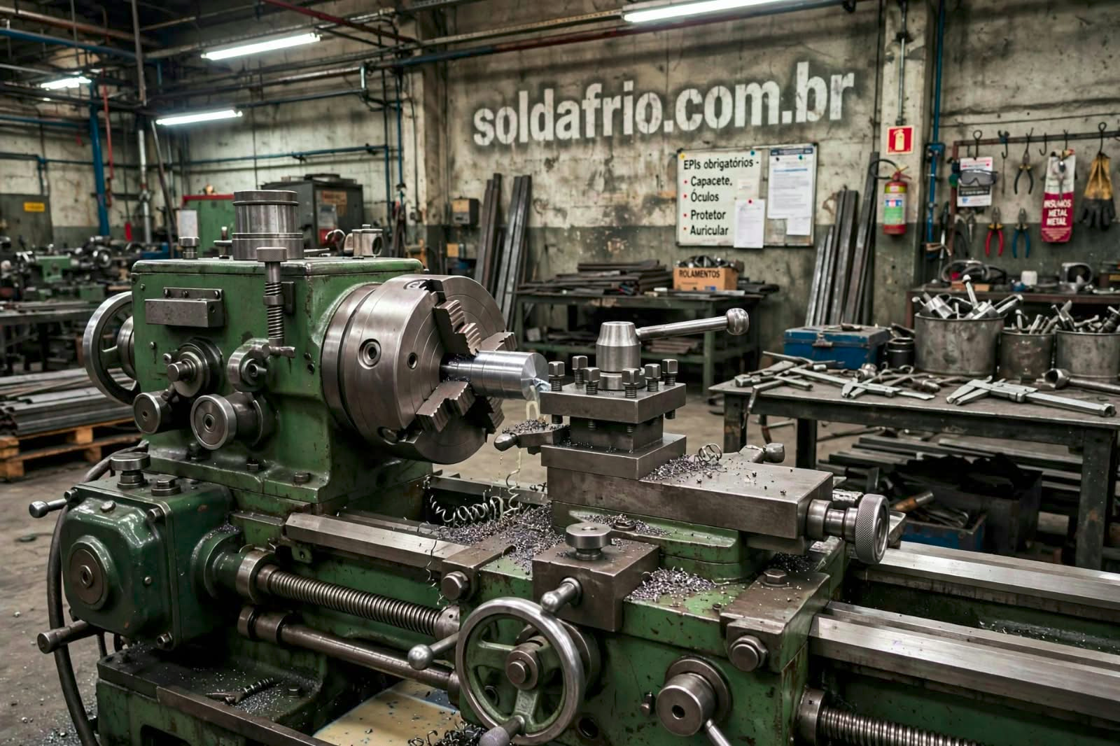 Torno mecânico em ambiente industrial de usinagem